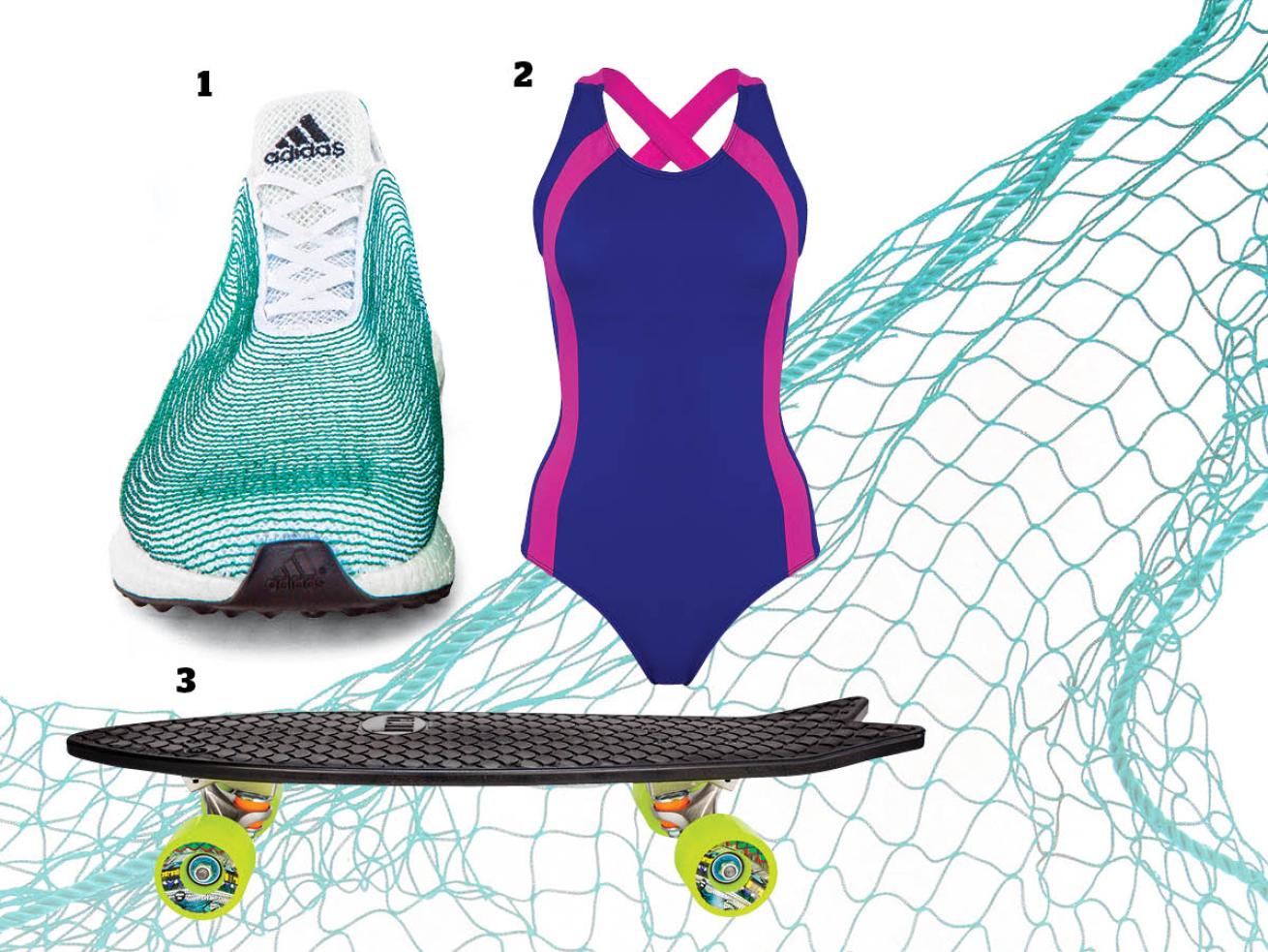 Shoes, skateboards and swimwear made from fishing net marine debris