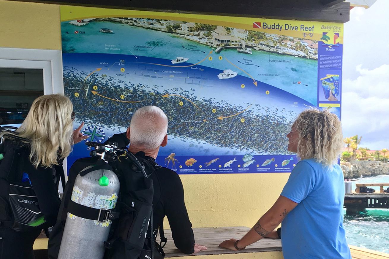 Divers inspect Reef Smart Sign Buddy Dive Resort Bonaire