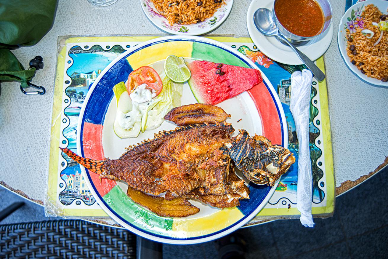 Fried lionfish on a colorful plate