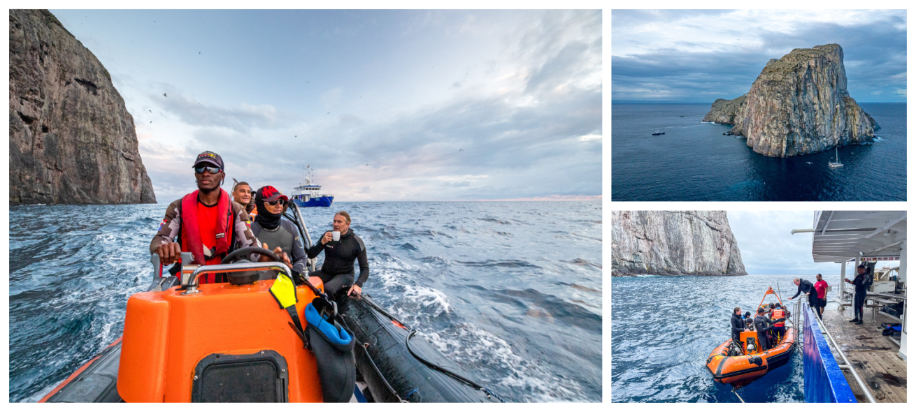 The Ferox crew surveys the area around Malpelo, checking conditions and identifying the best spots for diving. You feel the isolation and vastness of the ocean during an island tour while listening to