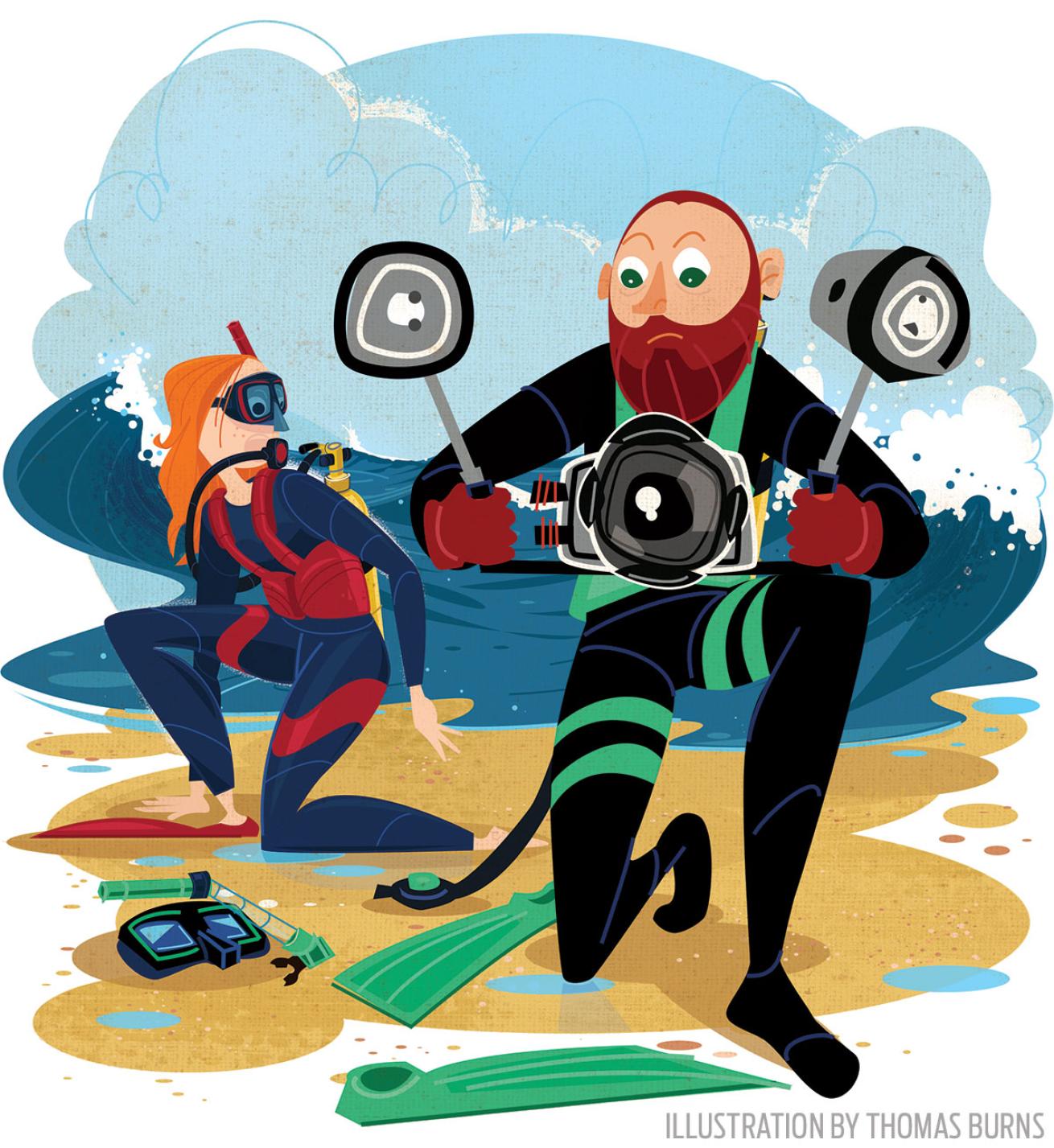Scuba divers shore exit is complicated by rising tides