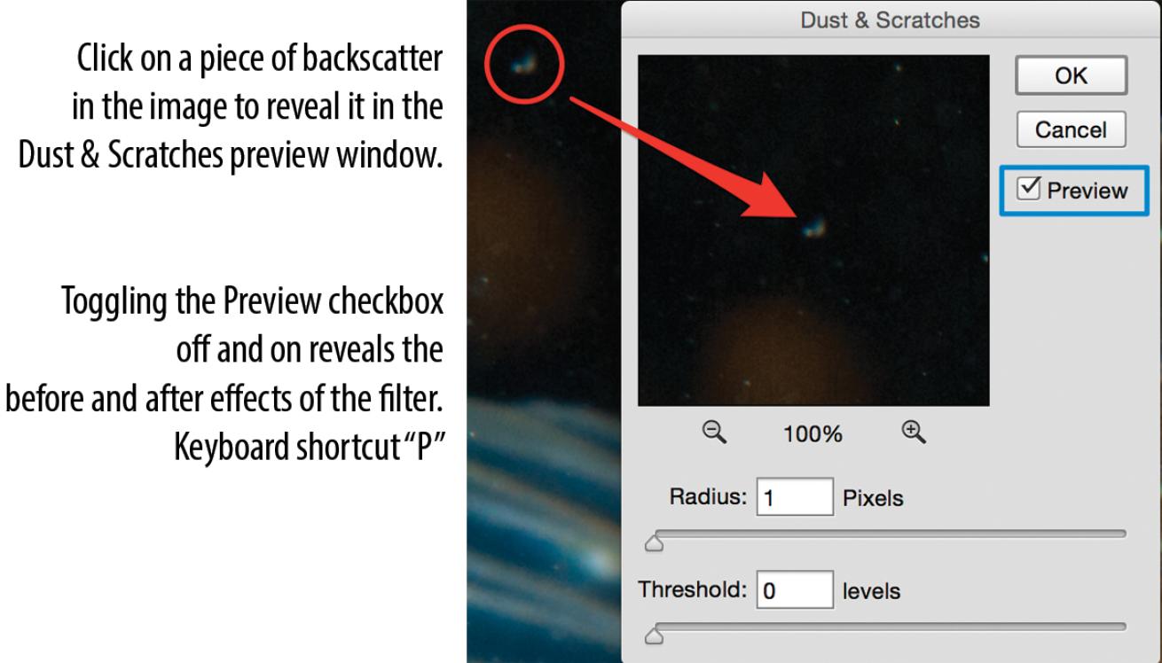 How to remove backscatter using adobe photoshop and preview before/after
