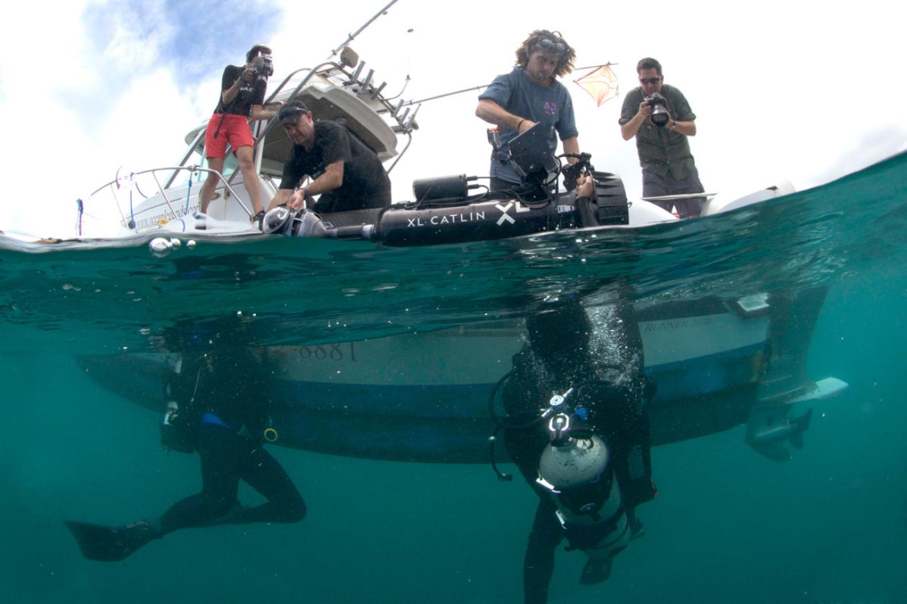 Launching the SVII into the water at Kaneohe Bay, Hawaii to begin surveying - August 2015