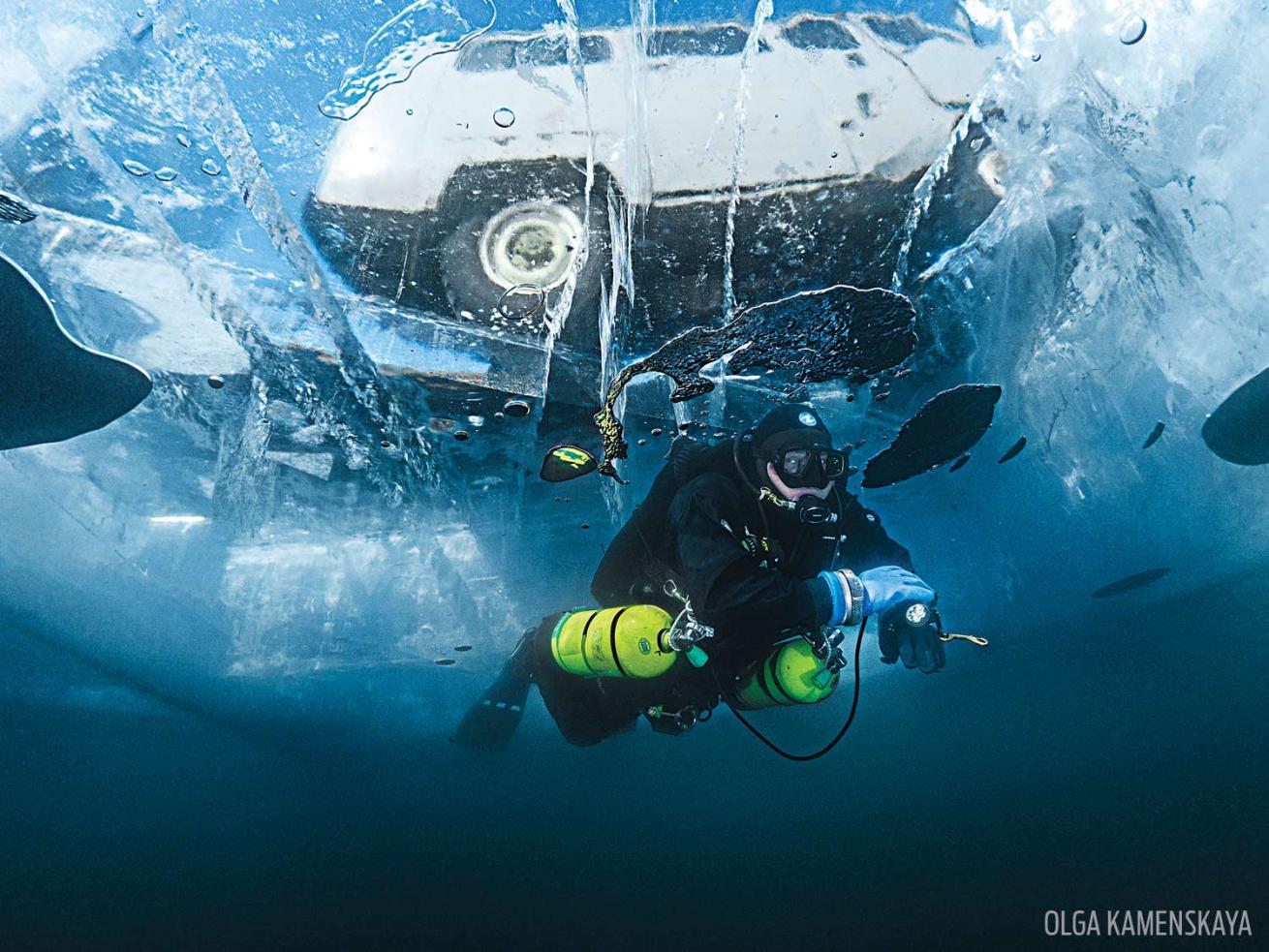 lake baikal siberia scuba diver under ice