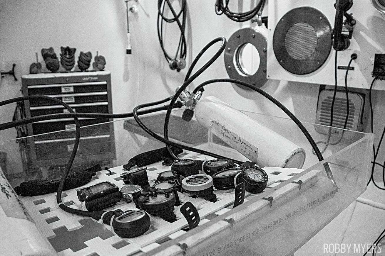 Testing dive computers in the Catalina Hyperbaric Chamber.