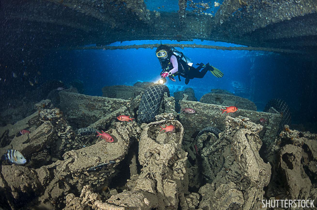 Motorcycles inside the Thistlegorm shipwreck in the Red Sea