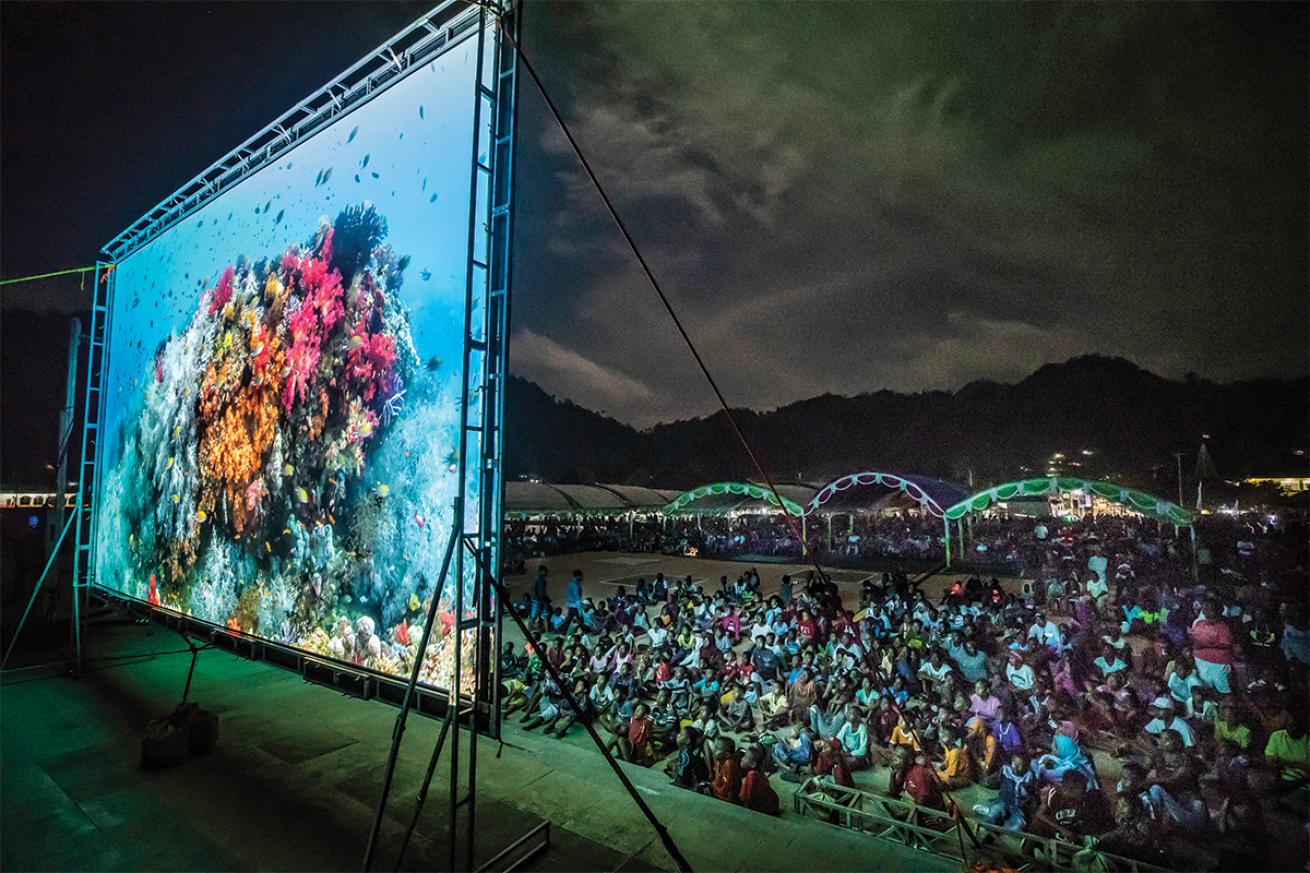 An outdoor screening during an outdoor film and concert tour in West Papua.