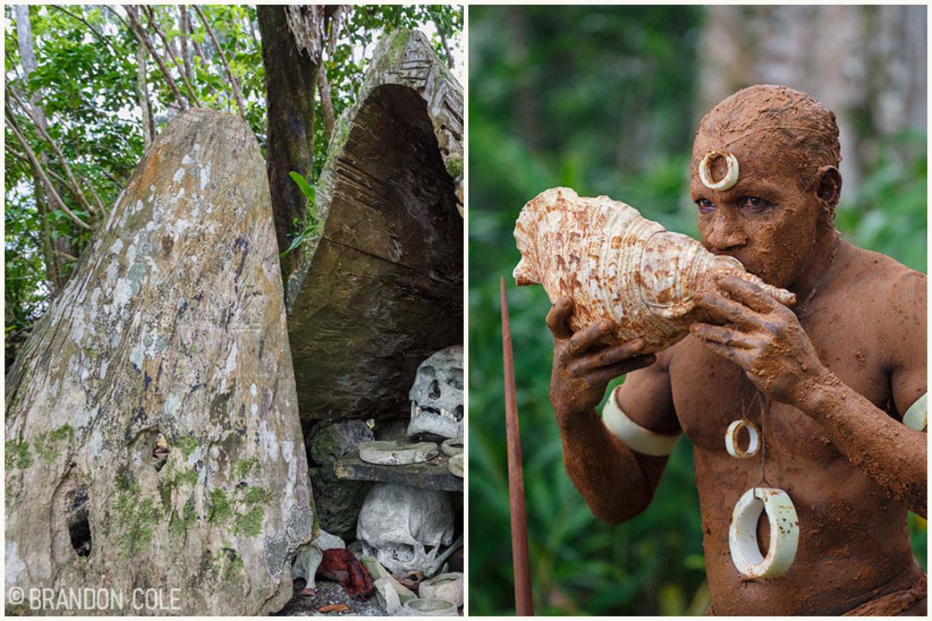 Solomon Islands Native Islander and Human Skulls