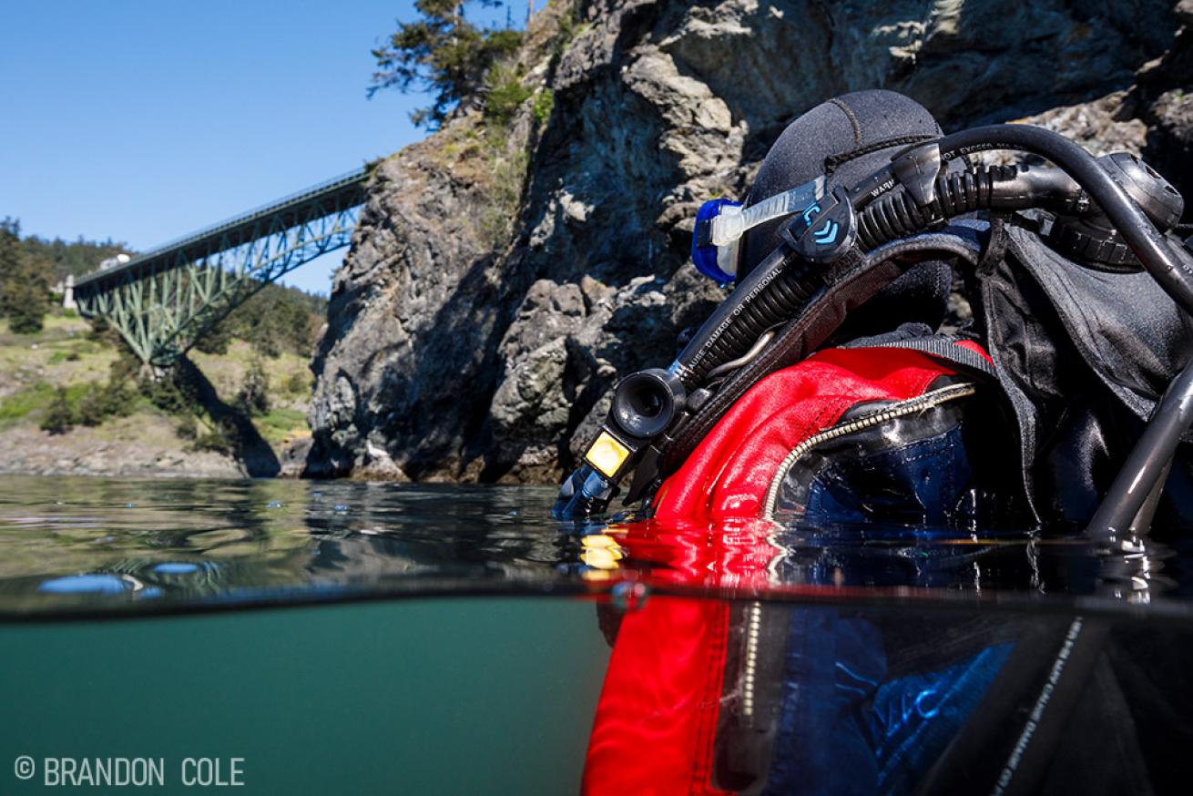 Scuba diver near Deception Pass Bridge. 