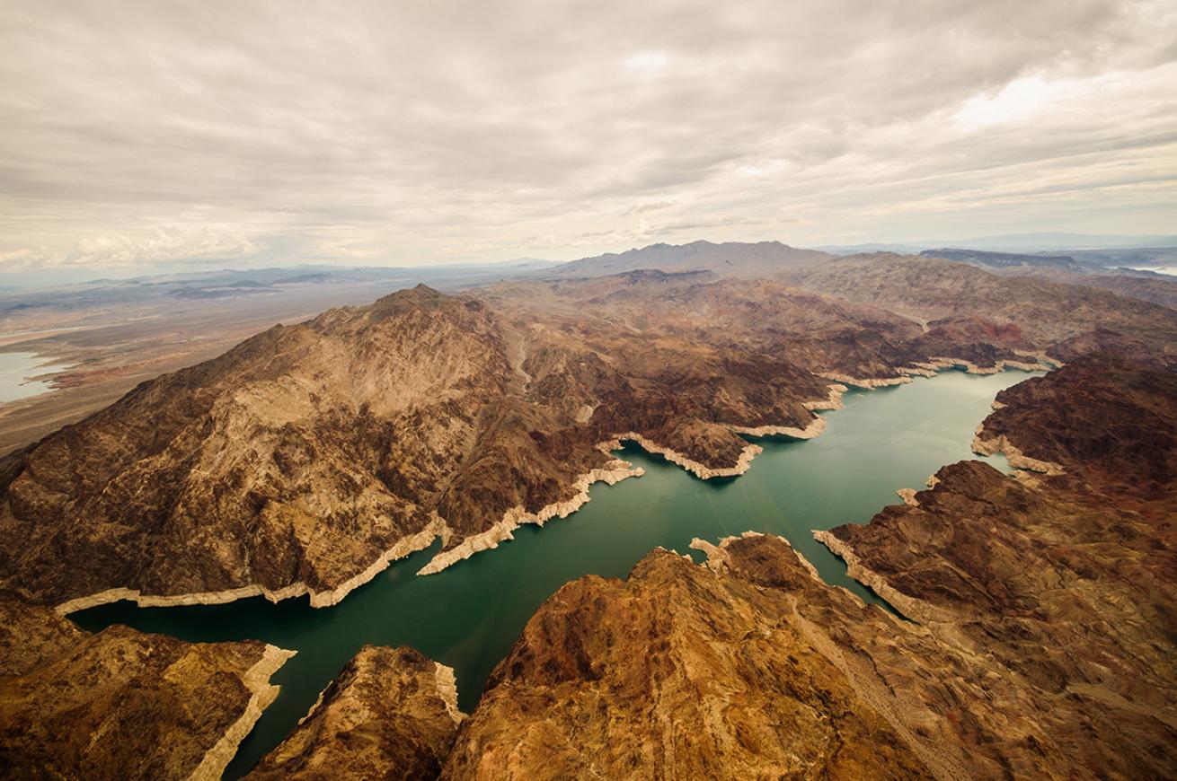 High altitude shot of Lake Mead in between hills