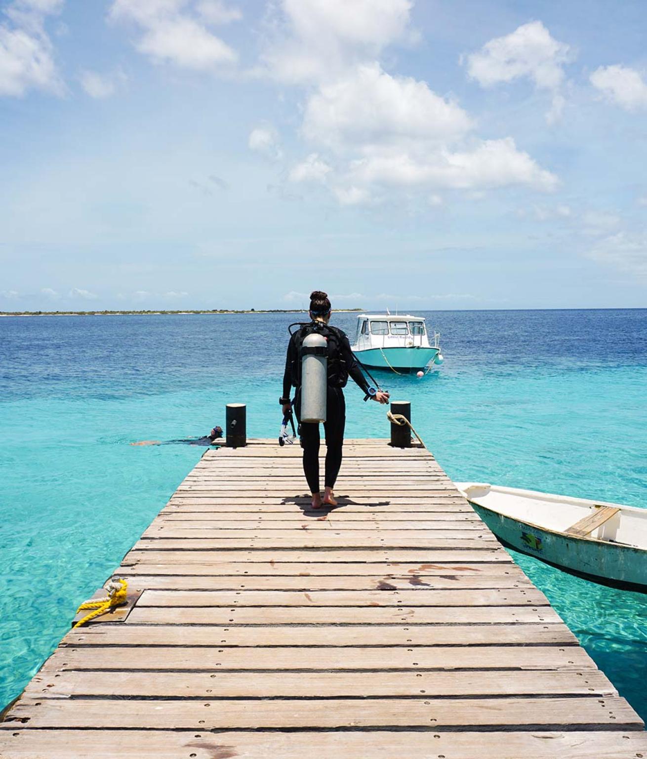 Diver on dock over bright blue water