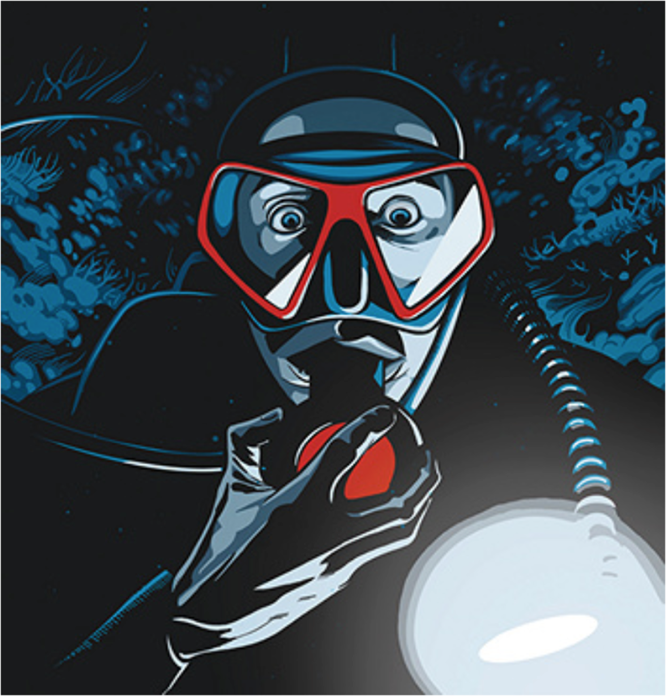 Scared night diver illustration