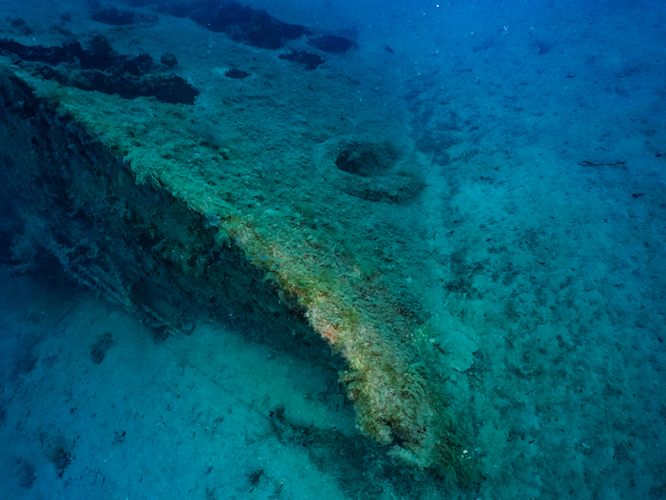 A shipwreck in the bottom of the ocean.
