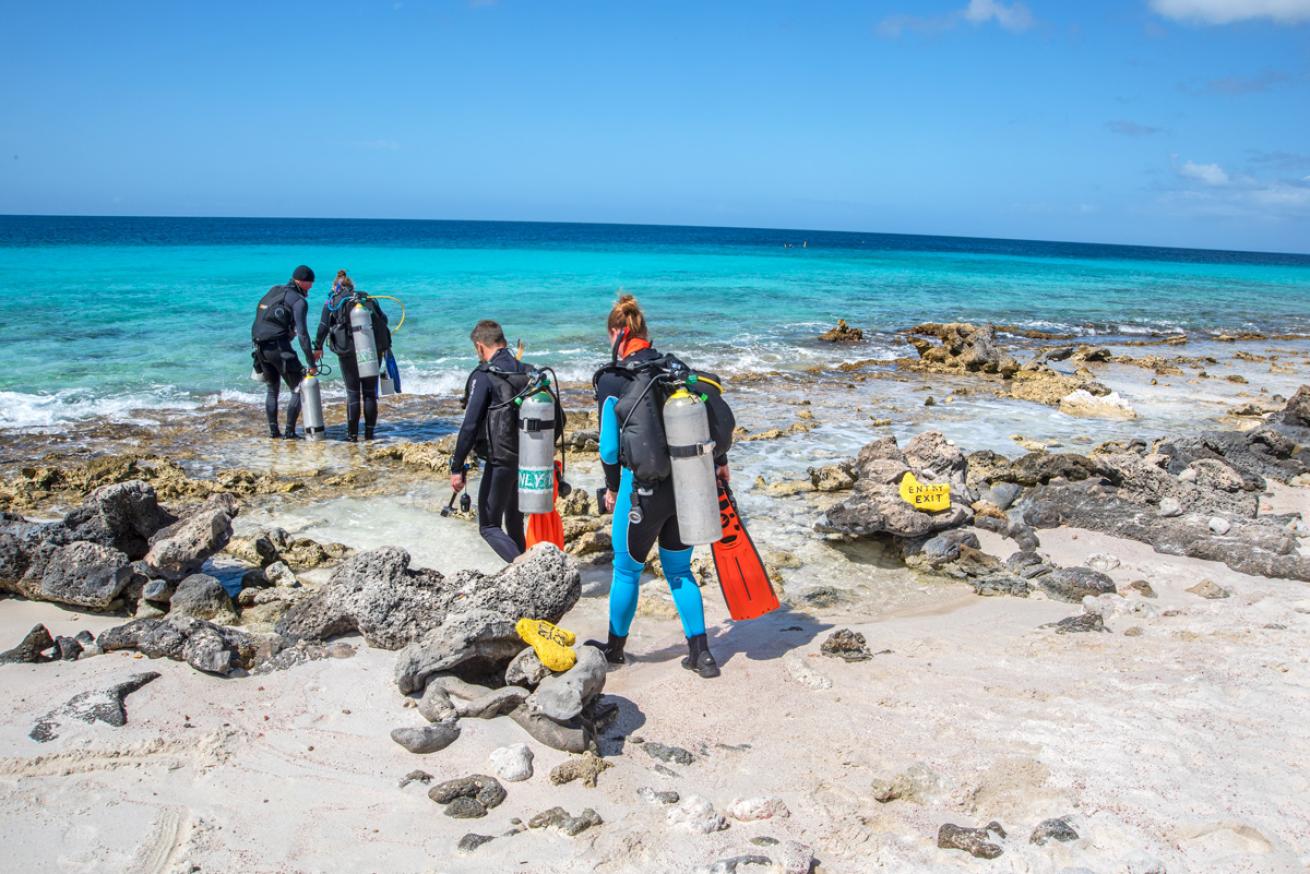 Painted rocks mark the entrance to the Hilma Hooker wreck site.