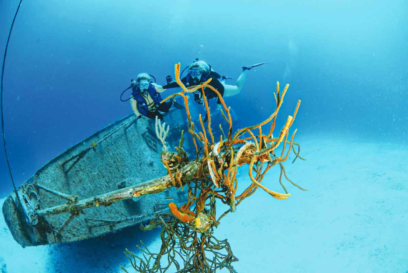 a submerged wreck with scuba divers