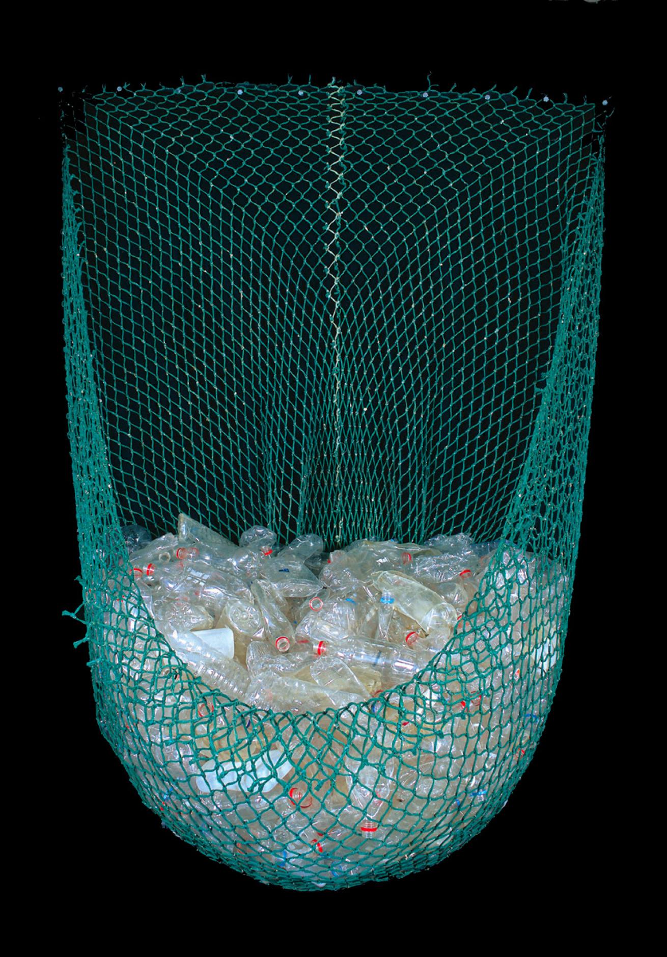 A hanging installation made from nylon rope and plastic bottles found washed up on Australian beaches.