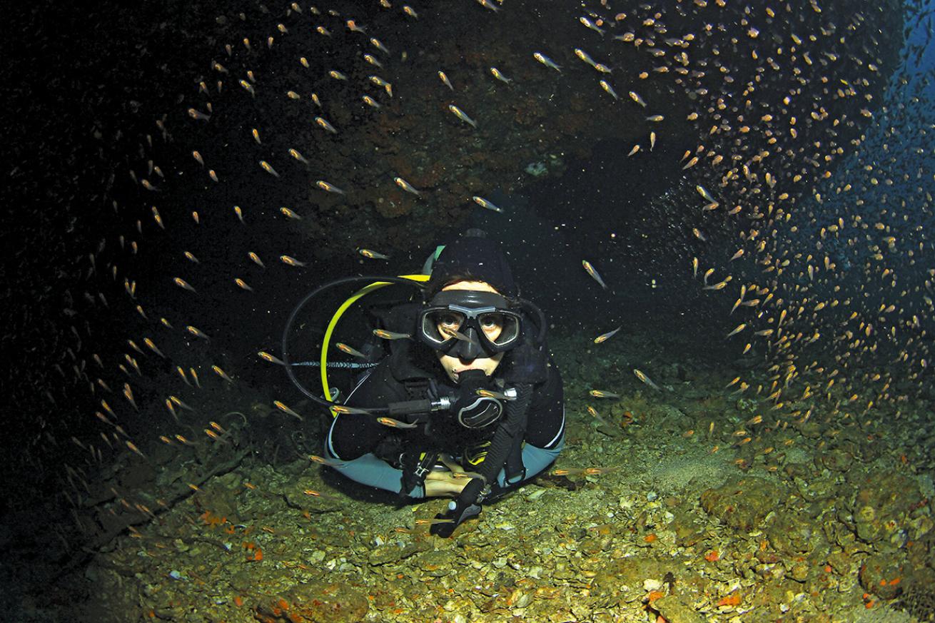 Scuba Diver Underwater at Night