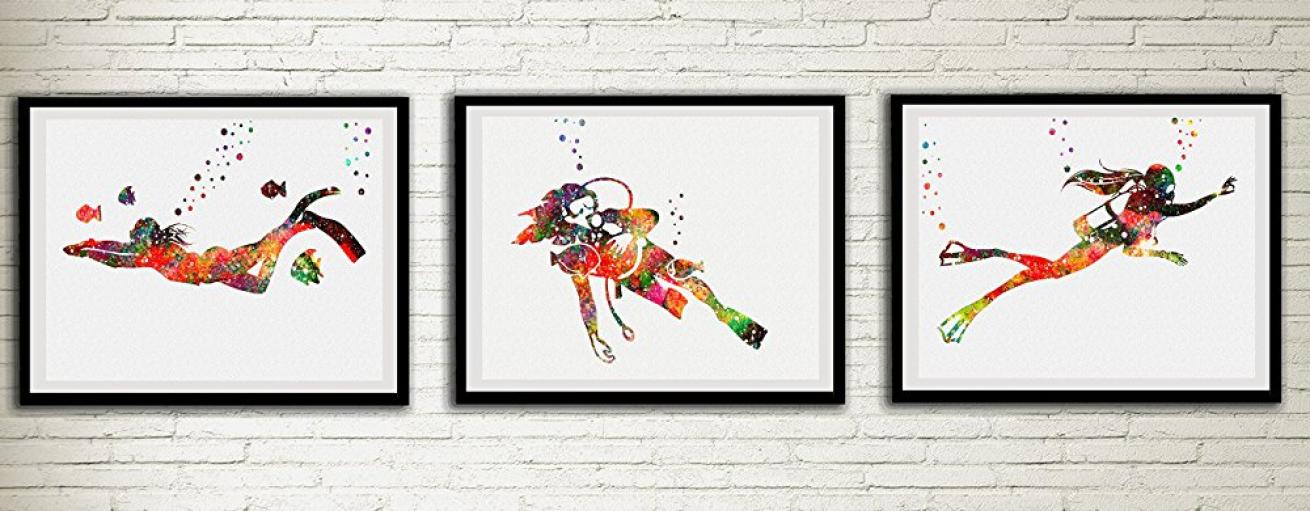 Scuba Diving Girl Watercolor Posters Set