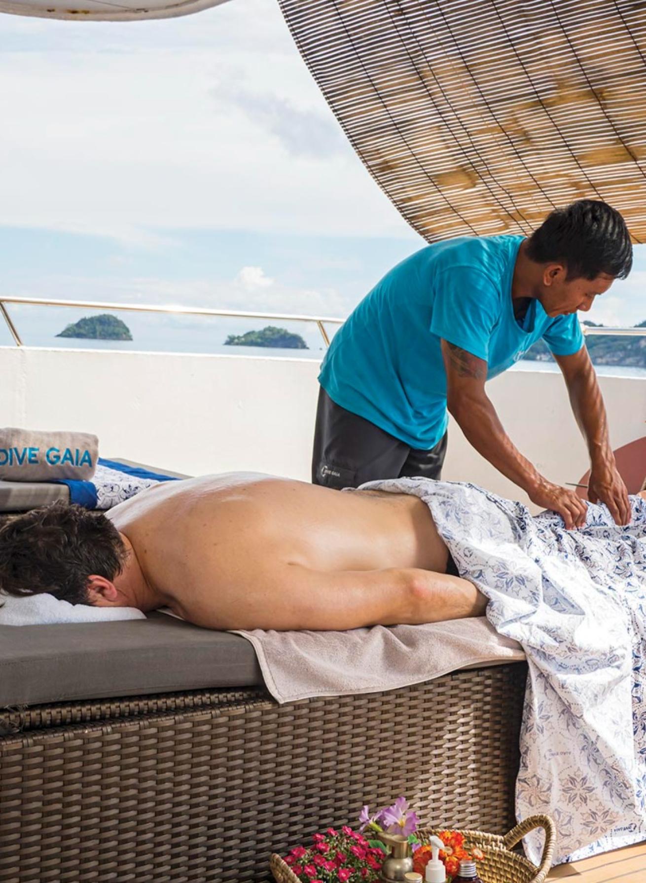 Diving is hard work, and staff aboard Gaia Love ensure guests’ downtime is full of pampering, including on-deck massages.
