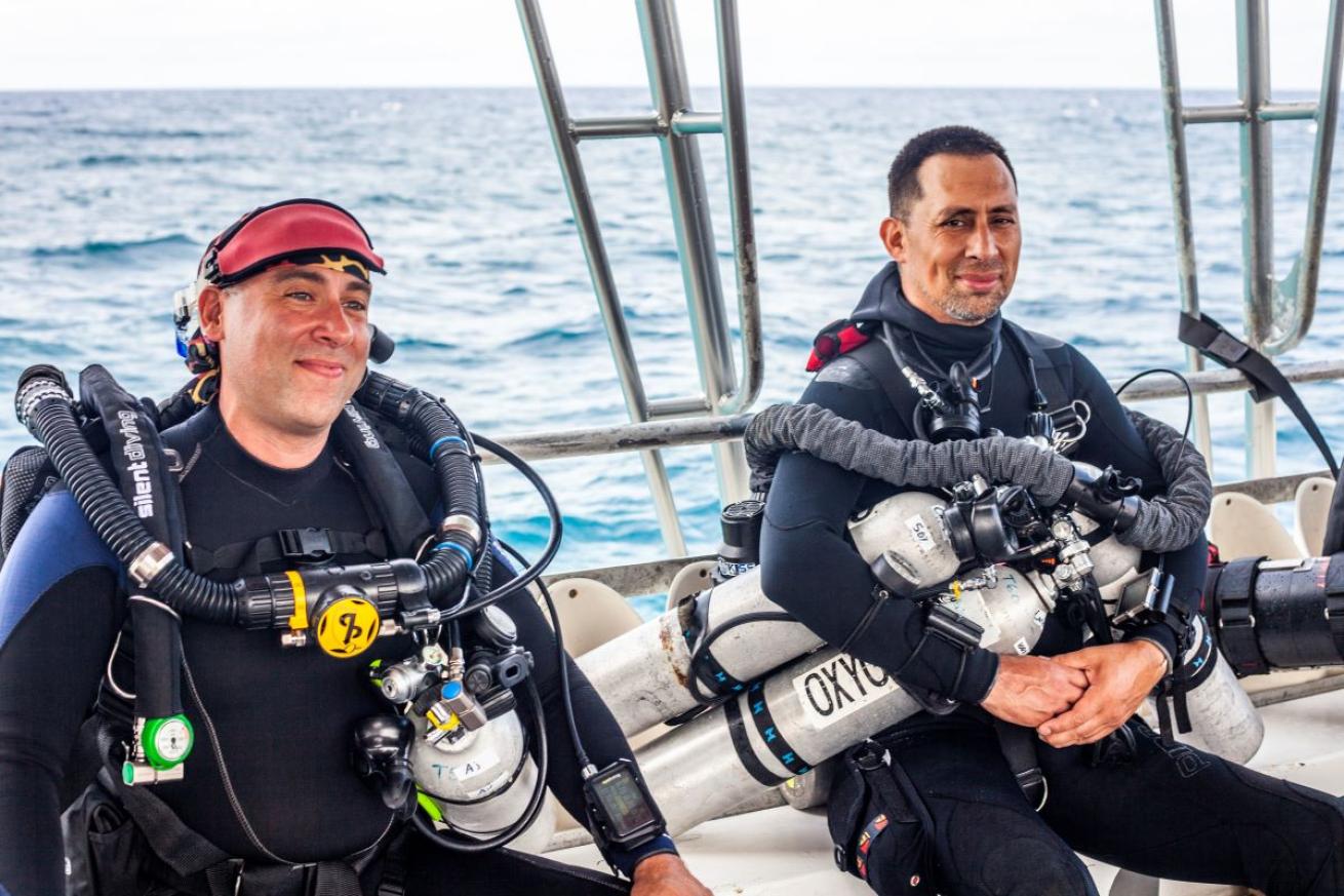 Technical divers on a boat