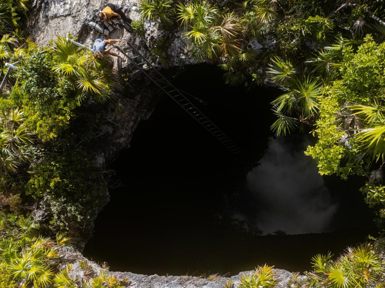 Many caves in the Bahamas have entrances called "blue holes" where the cave ceiling has collapsed, creating a sinkhole large enough to enter.