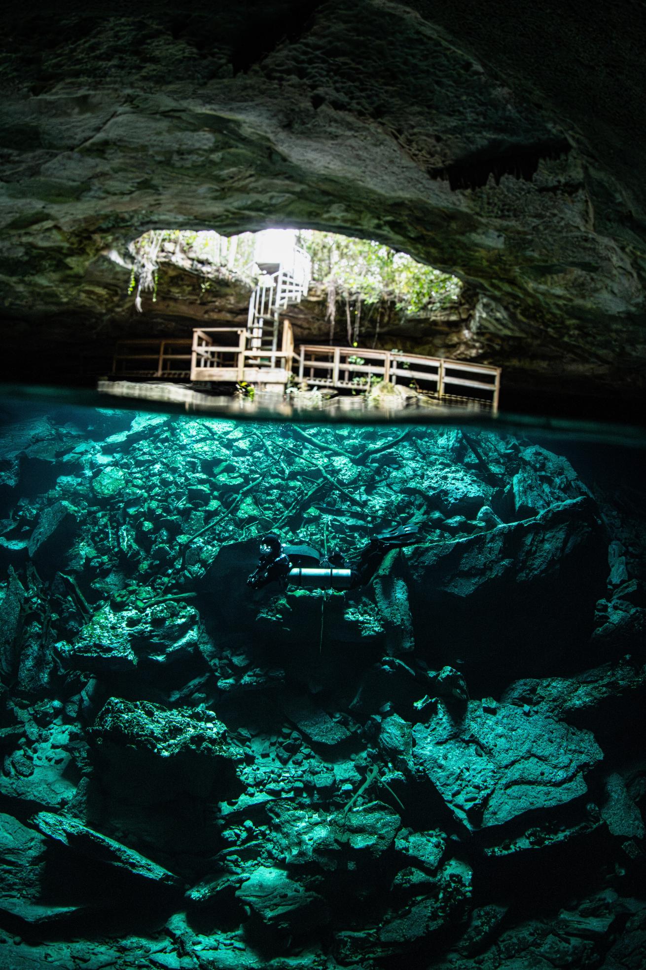 Blue holes tucked into the forest are dramatic entrances to the Bahamas underground.