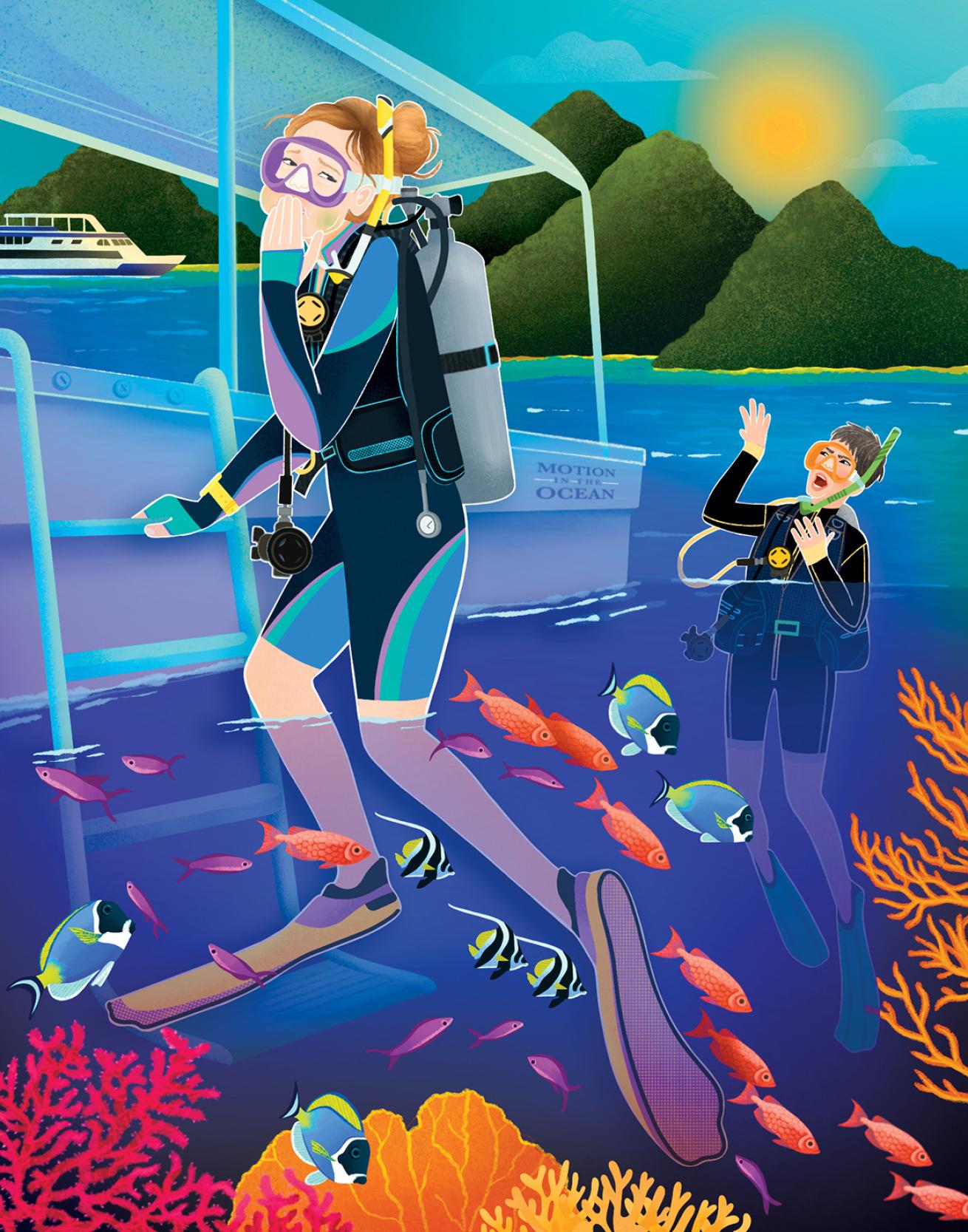 Illustration of a diver getting onto a boat looking sea sick with beautiful mountains in the background and coral reef underneath