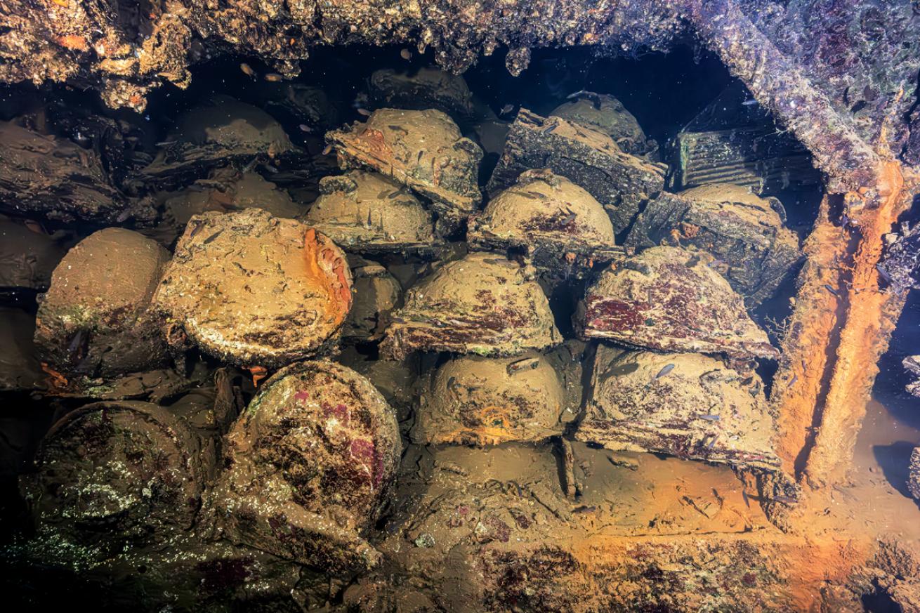 Land mines stacked inside a hold on the *San Francisco Maru*