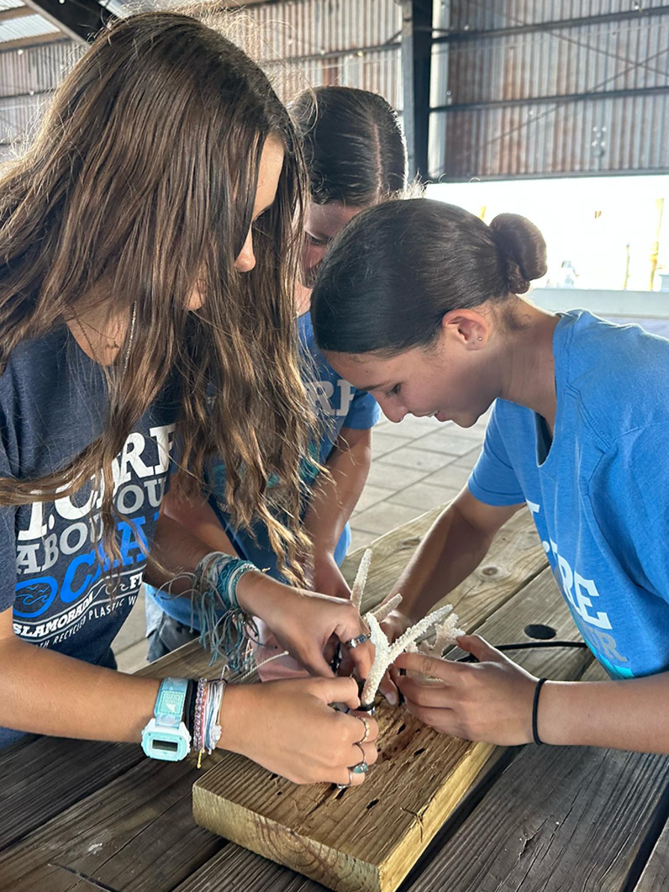 Participants learn how to secure coral fragments to substrate on land before taking their skills underwater.