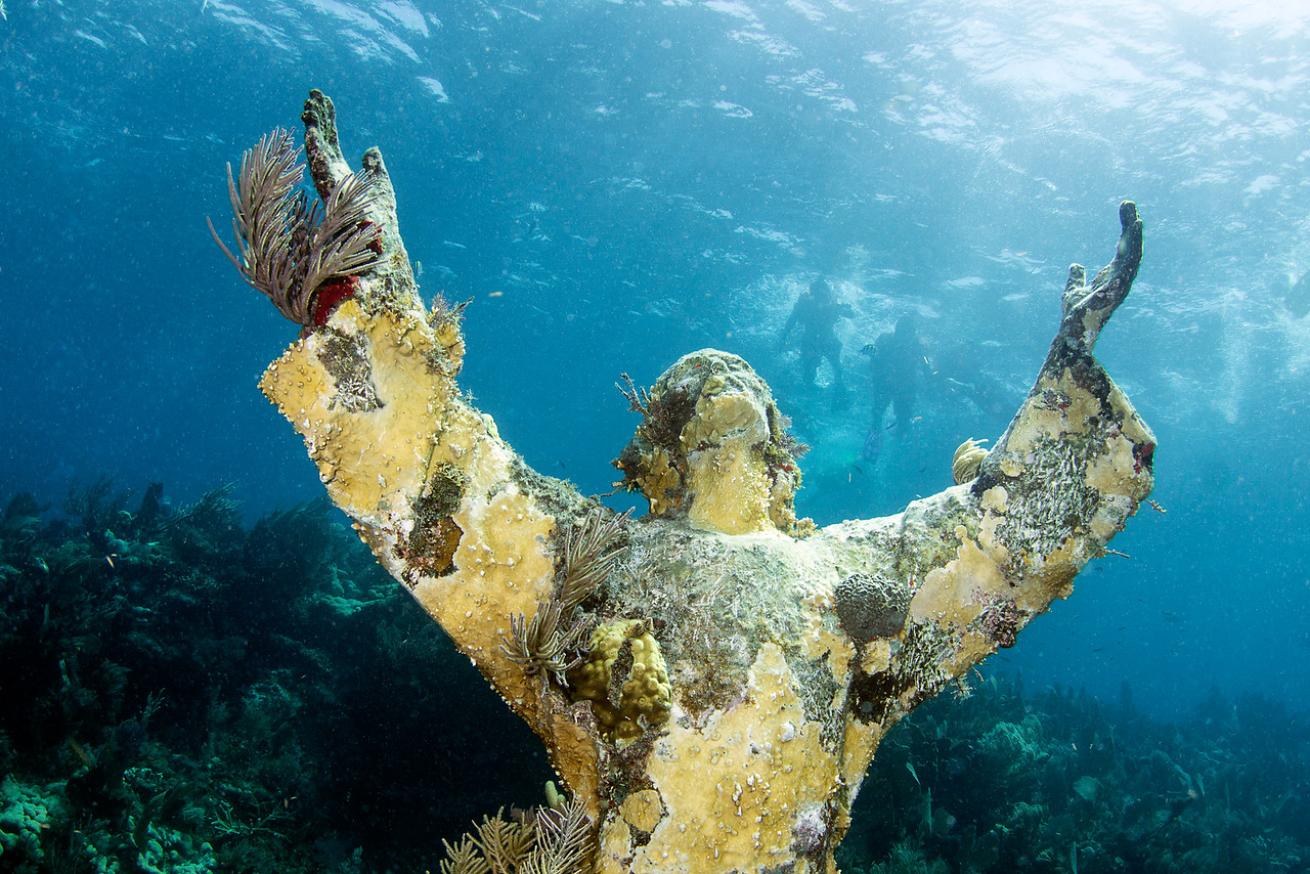 an underwater photo of the Christ of the Abyss