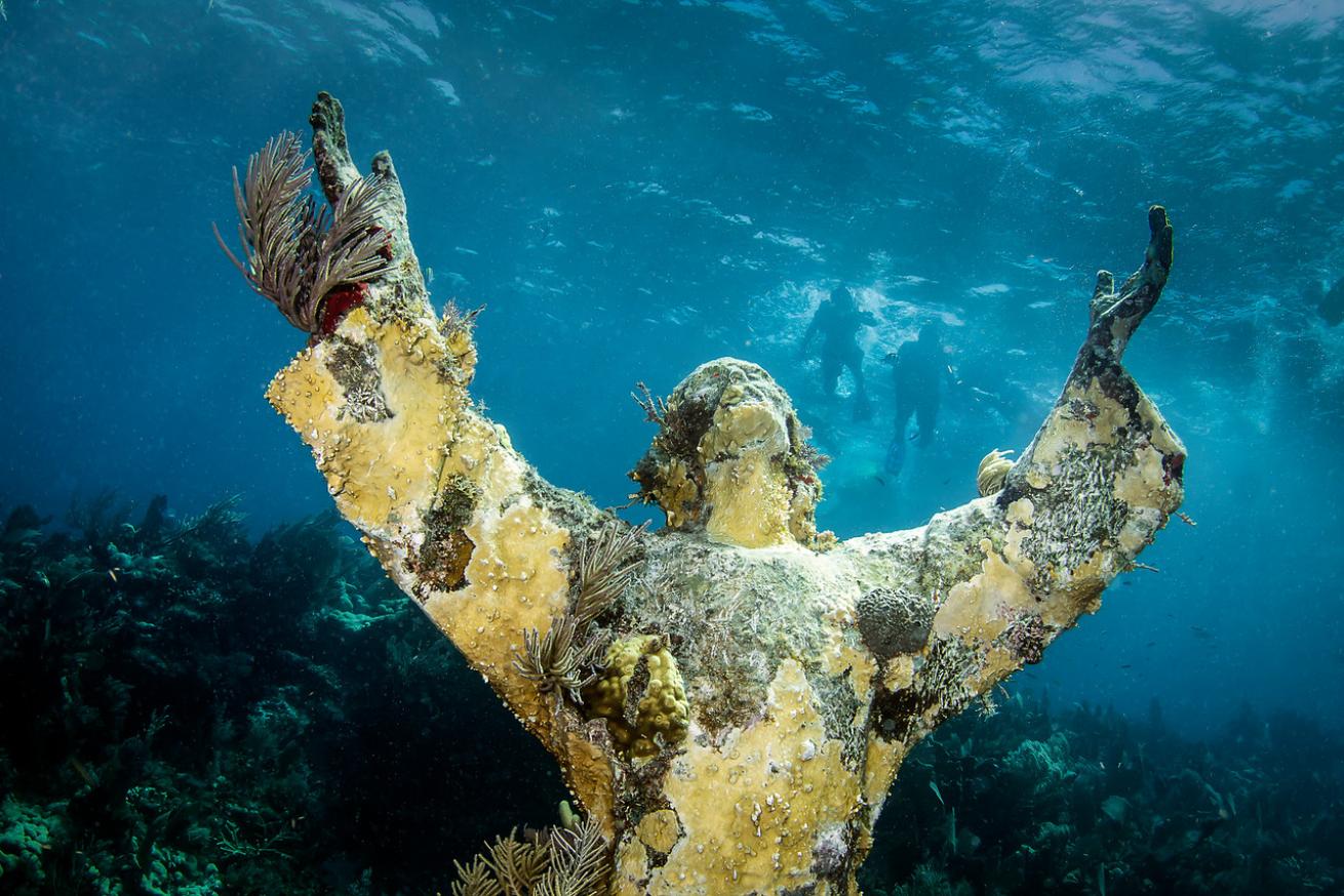 an underwater photo of the Christ of the Abyss