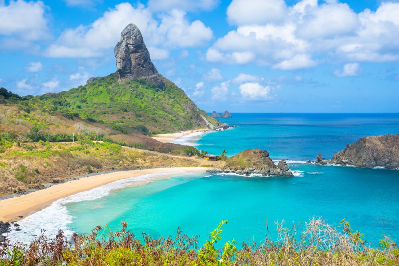 Beautiful view of Conceicao and Middle Beaches with Peak Hill (Morro do Pico) in the background, Fernando de Noronha Island - Brazil