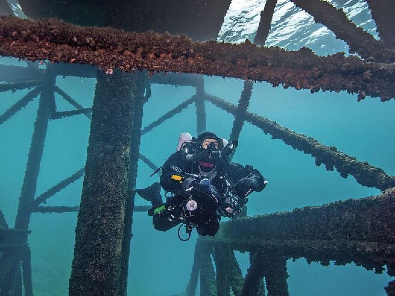 A rebreather diver swims through a pump-house structure that used to keep the Dutch Springs quarry from flooding.